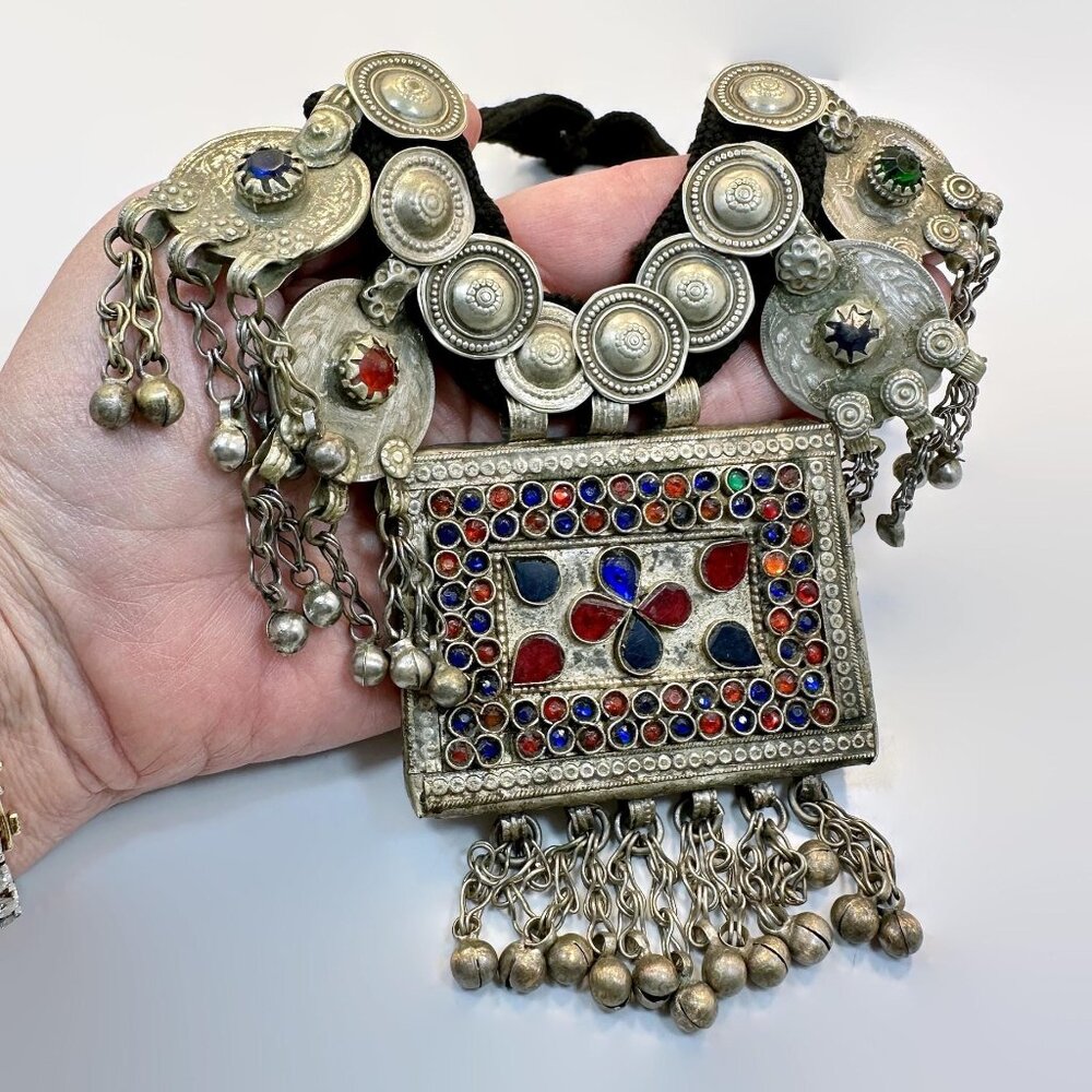 Afghan Necklace, Middle Eastern, Vintage Belly Dance Boho Coins Jewels Statement